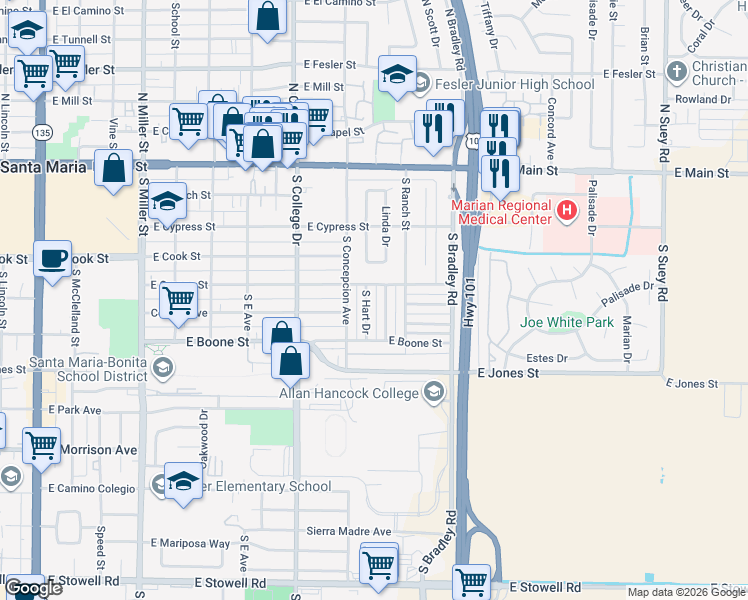 map of restaurants, bars, coffee shops, grocery stores, and more near 512 South Hart Drive in Santa Maria