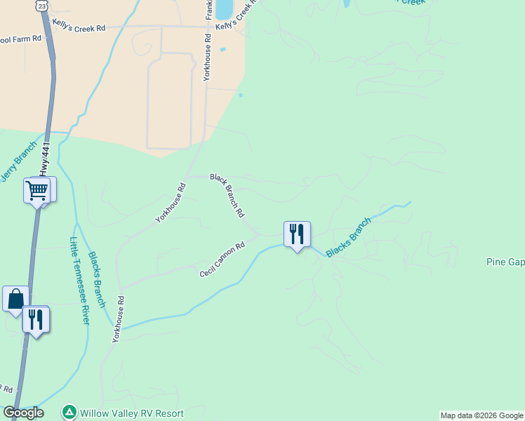 map of restaurants, bars, coffee shops, grocery stores, and more near 174 Mountainside Drive in Rabun Gap