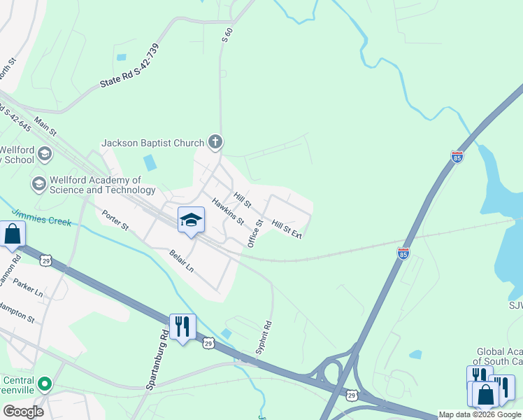 map of restaurants, bars, coffee shops, grocery stores, and more near 319 Hill Street in Wellford