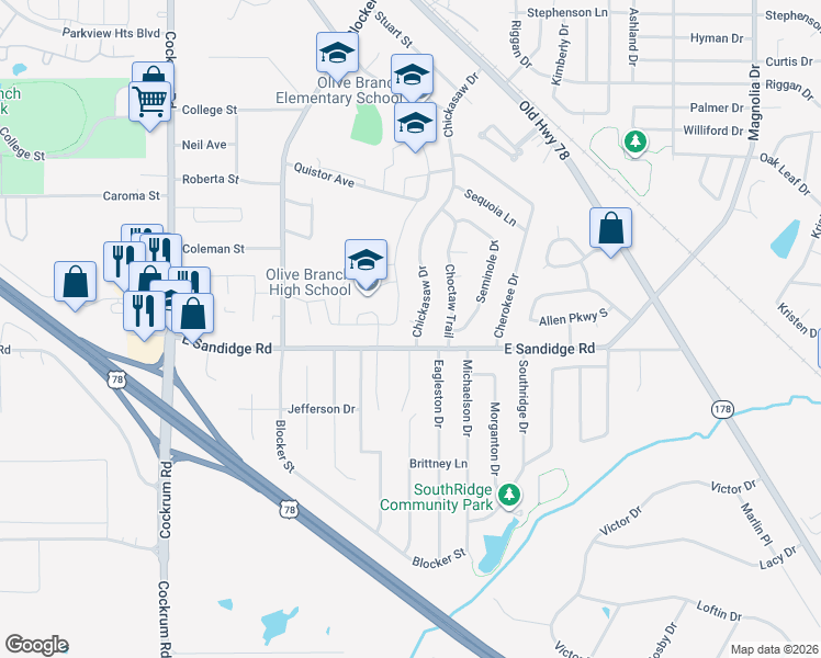 map of restaurants, bars, coffee shops, grocery stores, and more near 6029 Chickasaw Drive in Olive Branch