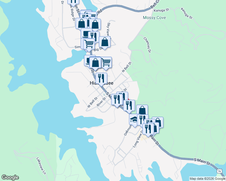 map of restaurants, bars, coffee shops, grocery stores, and more near 111 North River Street in Hiawassee