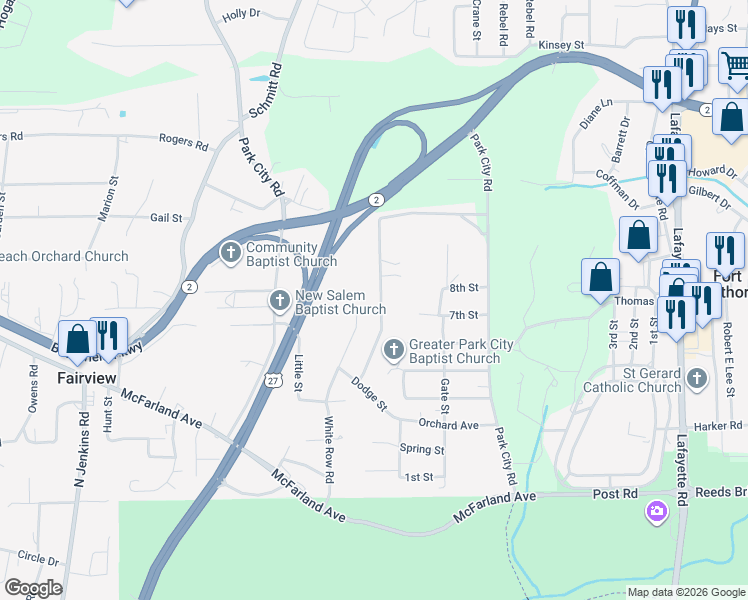map of restaurants, bars, coffee shops, grocery stores, and more near 490 South Washington Street in Rossville