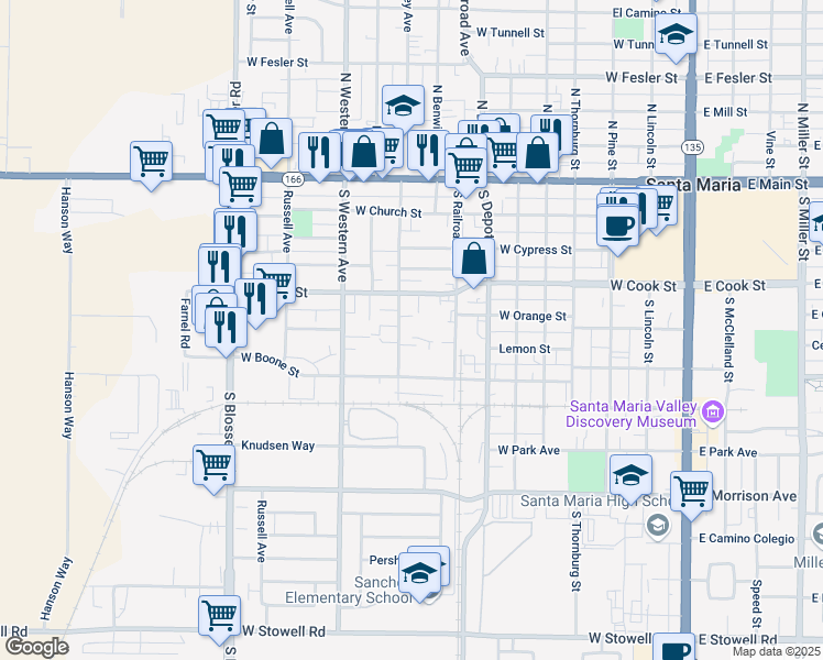 map of restaurants, bars, coffee shops, grocery stores, and more near 506 South Oakley Avenue in Santa Maria