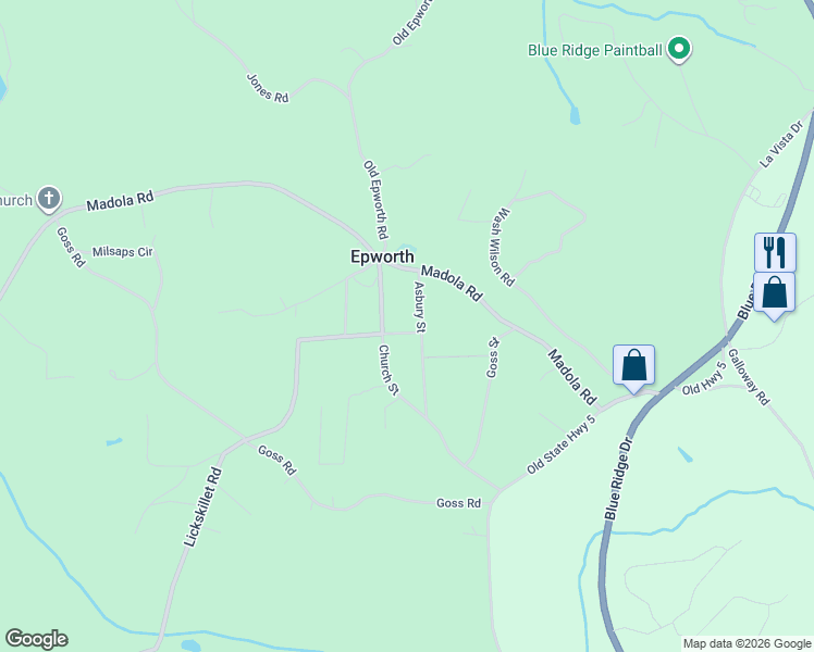 map of restaurants, bars, coffee shops, grocery stores, and more near 30 McClure Road in Epworth