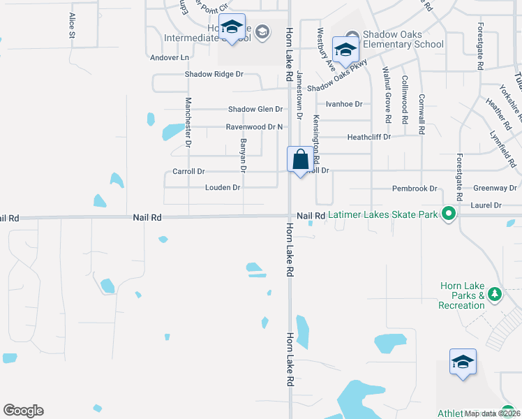 map of restaurants, bars, coffee shops, grocery stores, and more near 4129 Louden Drive in Horn Lake