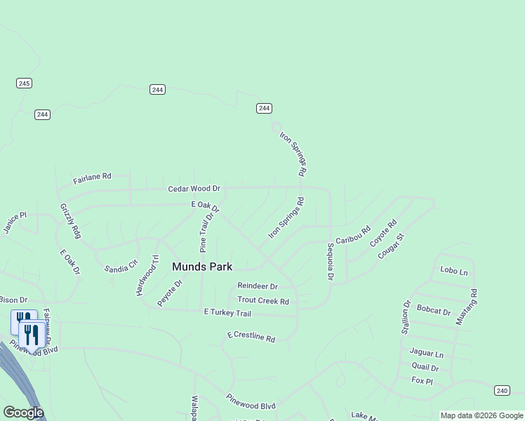 map of restaurants, bars, coffee shops, grocery stores, and more near 17130 Deer Run Road in Munds Park