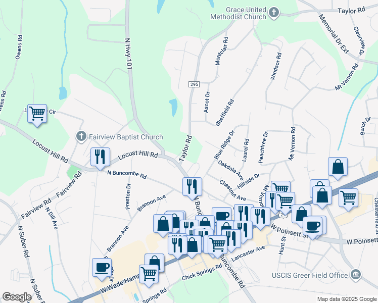 map of restaurants, bars, coffee shops, grocery stores, and more near 5928 Taylor Road in Greer