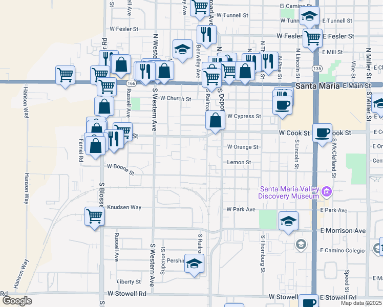 map of restaurants, bars, coffee shops, grocery stores, and more near 500 South Oakley Avenue in Santa Maria