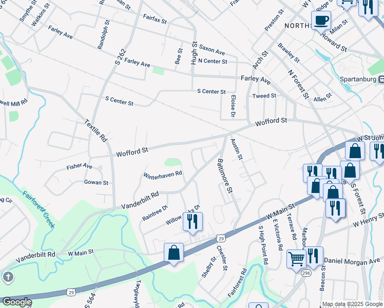 map of restaurants, bars, coffee shops, grocery stores, and more near 437 Alma Byrd Lane in Spartanburg