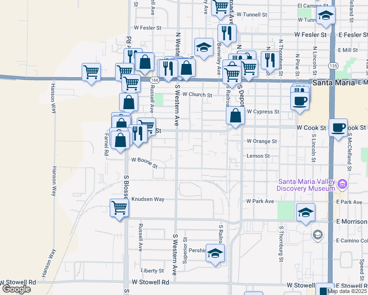 map of restaurants, bars, coffee shops, grocery stores, and more near 504 South Western Avenue in Santa Maria
