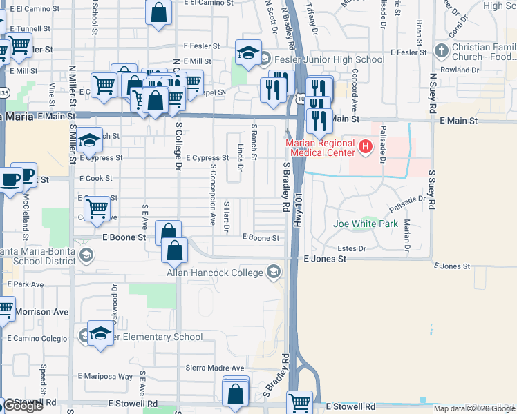 map of restaurants, bars, coffee shops, grocery stores, and more near 512 S Ranch St in Santa Maria