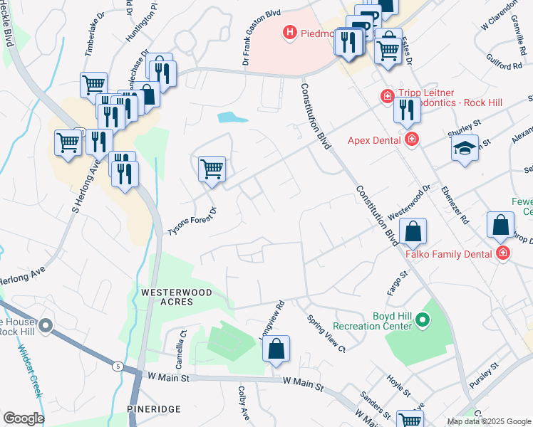 map of restaurants, bars, coffee shops, grocery stores, and more near 1555 Forest Glen Drive in Rock Hill