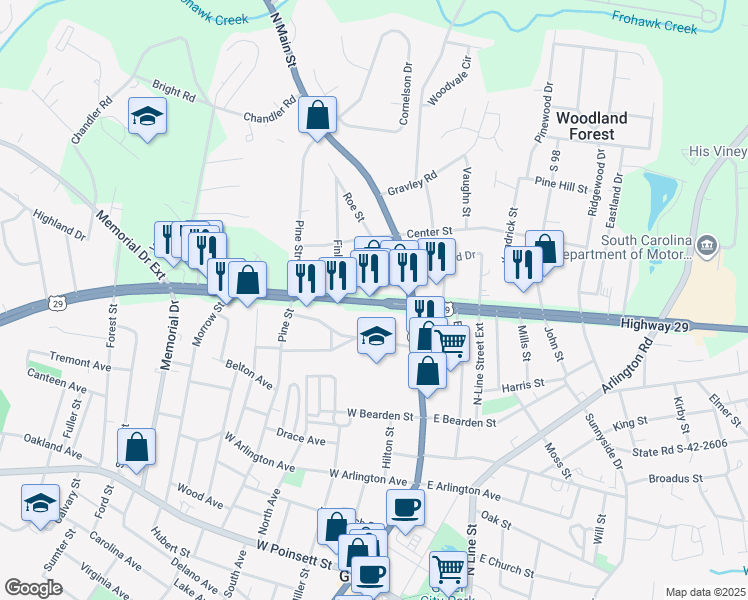 map of restaurants, bars, coffee shops, grocery stores, and more near 112 West Wade Hampton Boulevard in Greer