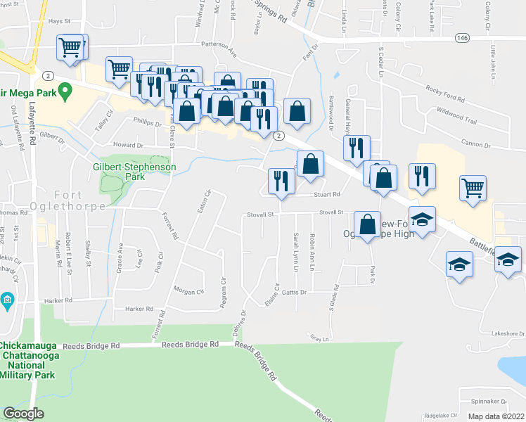 map of restaurants, bars, coffee shops, grocery stores, and more near 24 Stovall Street in Fort Oglethorpe