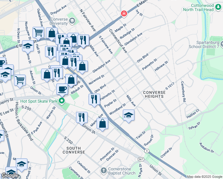 map of restaurants, bars, coffee shops, grocery stores, and more near 550 Palmetto Street in Spartanburg
