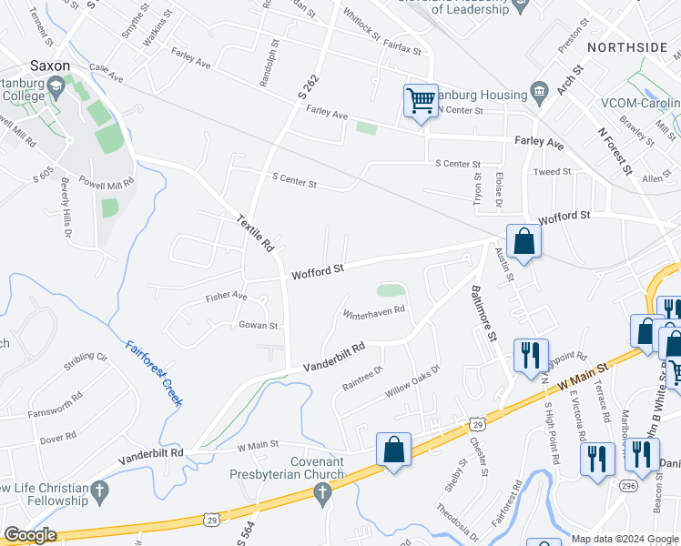 map of restaurants, bars, coffee shops, grocery stores, and more near 1639 Wofford Street in Spartanburg
