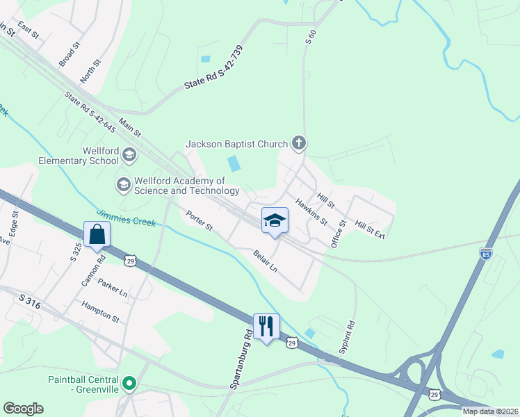 map of restaurants, bars, coffee shops, grocery stores, and more near 216 Church Street in Wellford