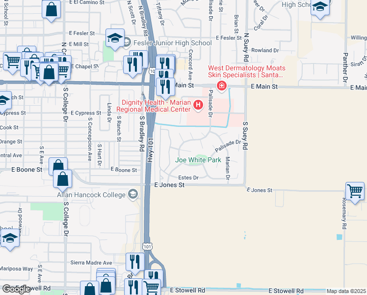 map of restaurants, bars, coffee shops, grocery stores, and more near 446 South Palisade Drive in Santa Maria