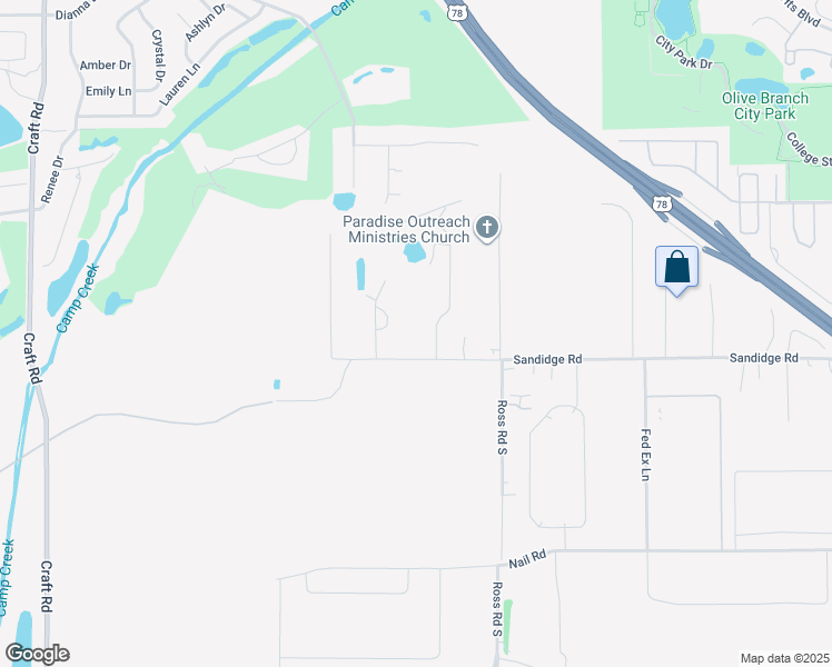 map of restaurants, bars, coffee shops, grocery stores, and more near 7830 West Sandidge Road in Olive Branch