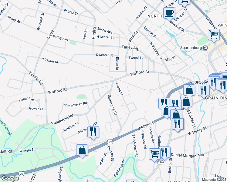 map of restaurants, bars, coffee shops, grocery stores, and more near 725 Baltimore Street in Spartanburg