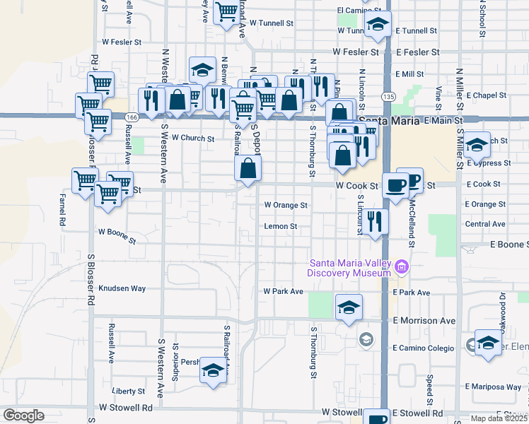 map of restaurants, bars, coffee shops, grocery stores, and more near 700 West Orange Street in Santa Maria
