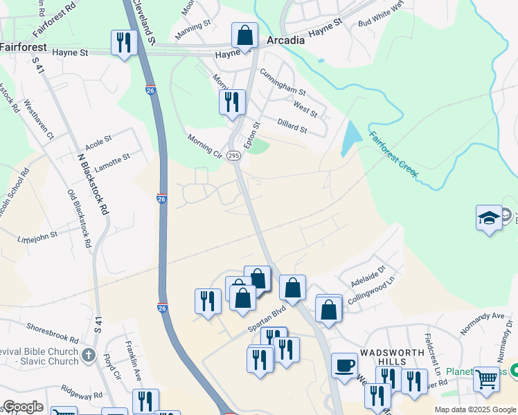 map of restaurants, bars, coffee shops, grocery stores, and more near 626 West Blackstock Road in Spartanburg