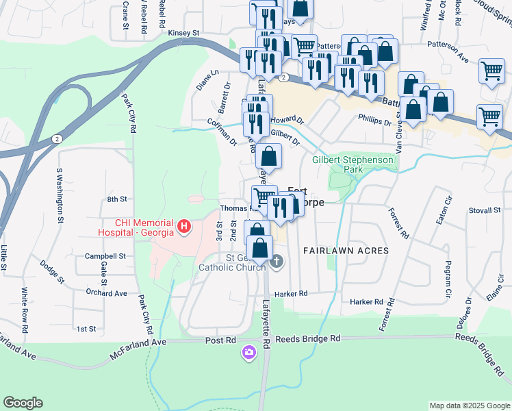 map of restaurants, bars, coffee shops, grocery stores, and more near 112 West Forrest Road in Fort Oglethorpe