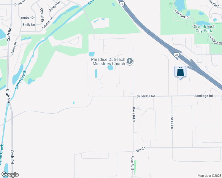 map of restaurants, bars, coffee shops, grocery stores, and more near 7830 West Sandidge Road in Olive Branch