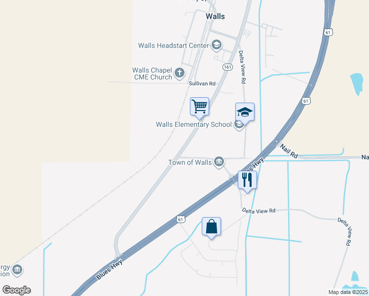 map of restaurants, bars, coffee shops, grocery stores, and more near in Walls