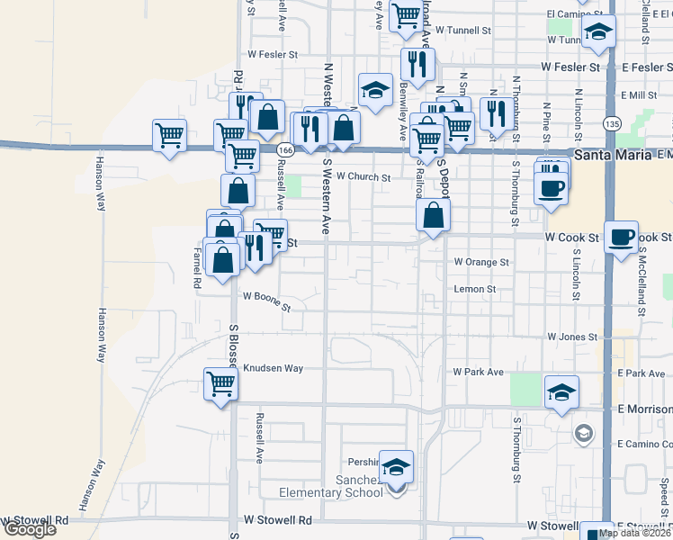 map of restaurants, bars, coffee shops, grocery stores, and more near 504 South Western Avenue in Santa Maria