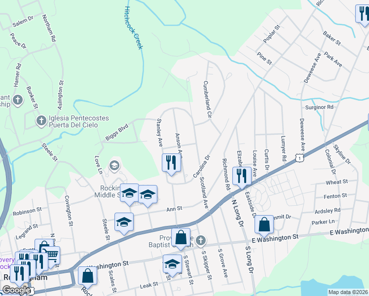 map of restaurants, bars, coffee shops, grocery stores, and more near 523 Scotland Avenue in Rockingham