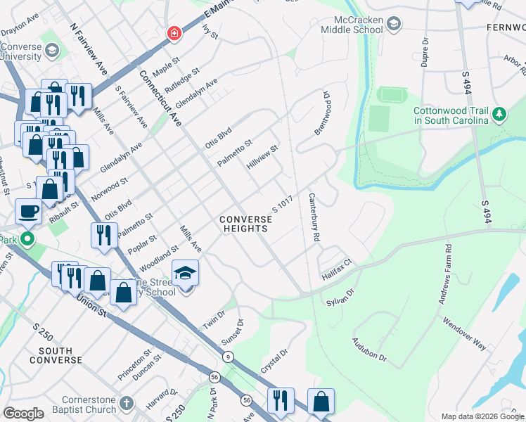 map of restaurants, bars, coffee shops, grocery stores, and more near 708 Hollywood Street in Spartanburg