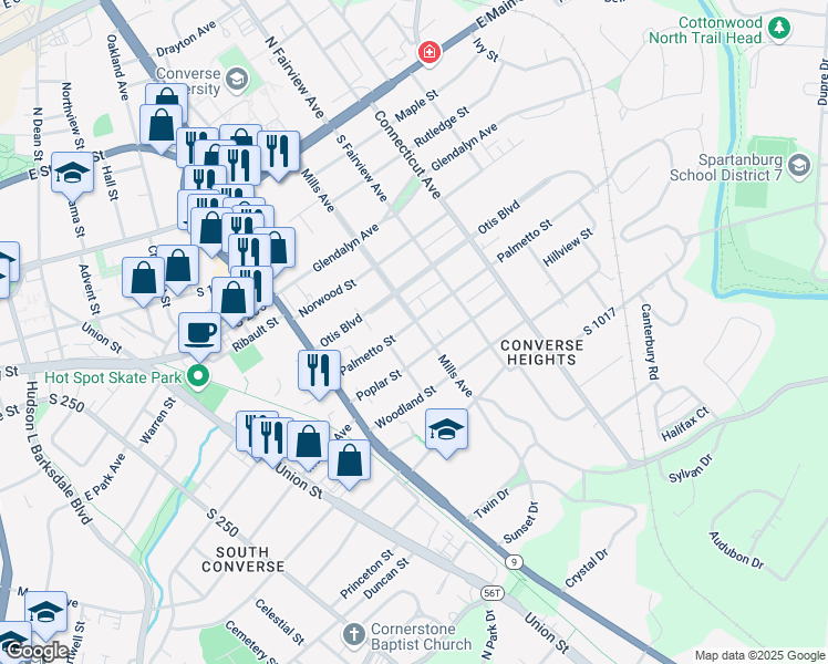 map of restaurants, bars, coffee shops, grocery stores, and more near 348 Mills Avenue in Spartanburg