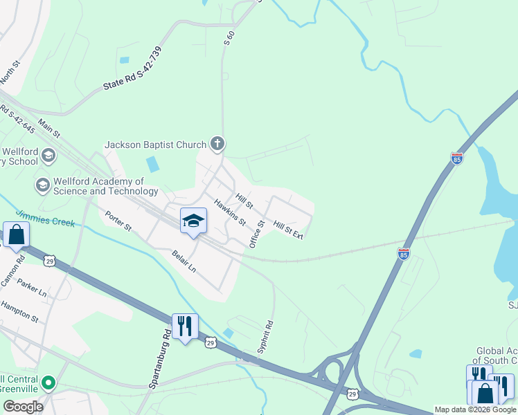 map of restaurants, bars, coffee shops, grocery stores, and more near 319 Hill Street in Wellford