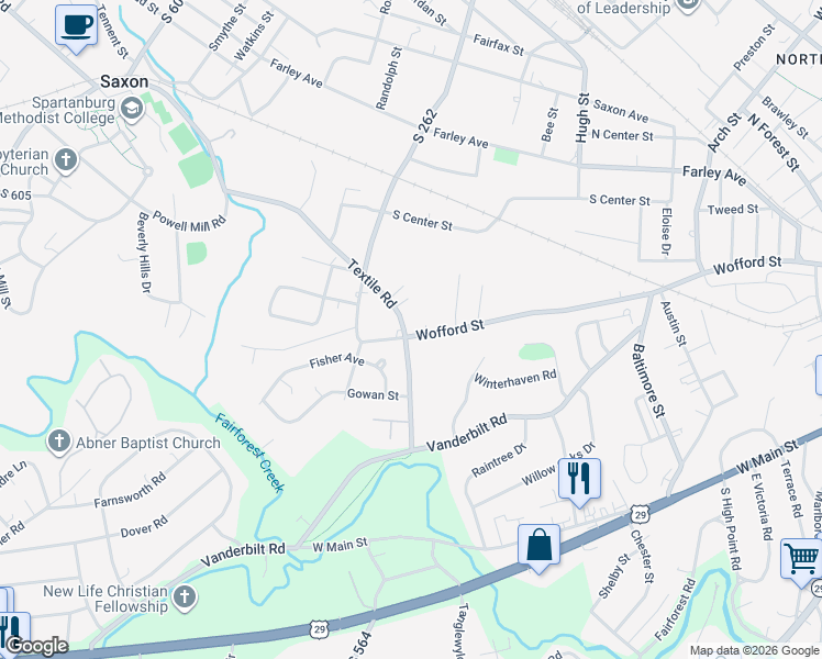 map of restaurants, bars, coffee shops, grocery stores, and more near 501 Textile Road in Spartanburg
