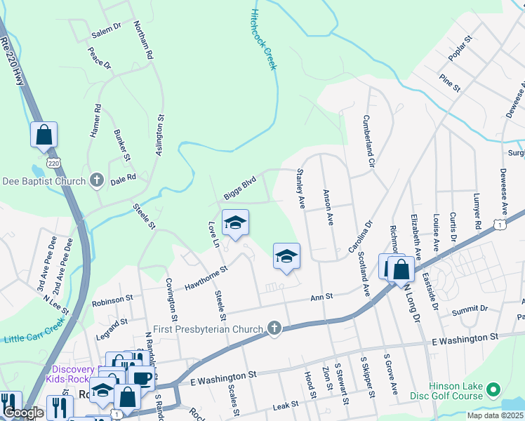 map of restaurants, bars, coffee shops, grocery stores, and more near 928 Home Avenue in Rockingham