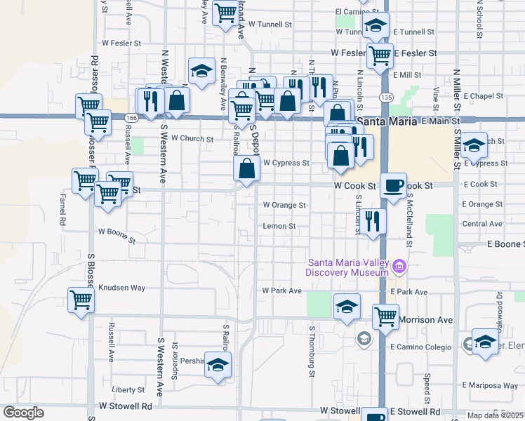 map of restaurants, bars, coffee shops, grocery stores, and more near 700 West Orange Street in Santa Maria