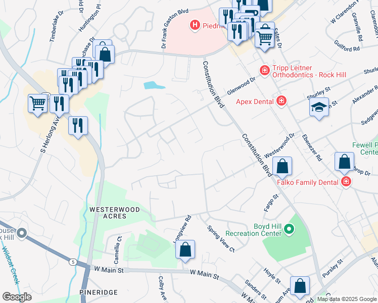 map of restaurants, bars, coffee shops, grocery stores, and more near 1549 Brentfield Drive in Rock Hill