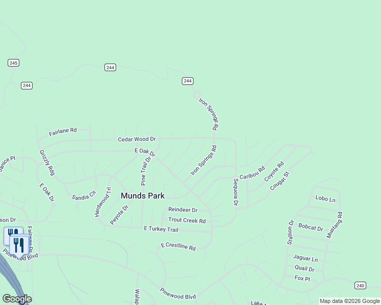 map of restaurants, bars, coffee shops, grocery stores, and more near 17130 Deer Run Road in Munds Park