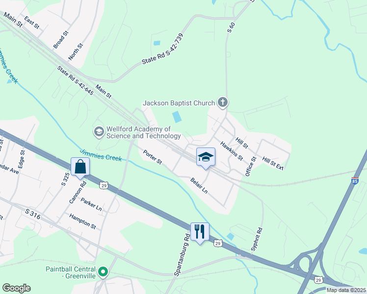 map of restaurants, bars, coffee shops, grocery stores, and more near 201 Church Street in Wellford