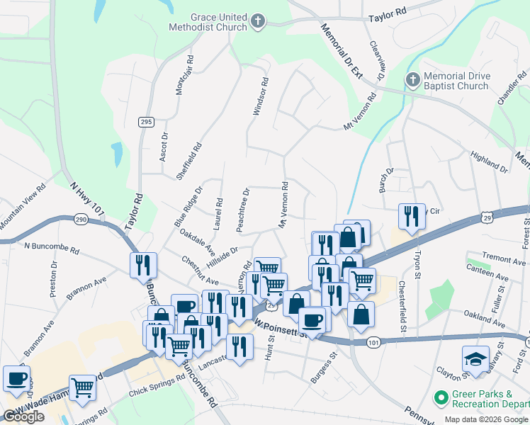 map of restaurants, bars, coffee shops, grocery stores, and more near 407 Mount Vernon Road in Greer