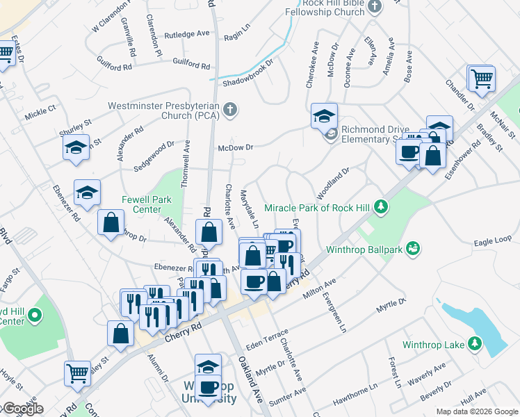 map of restaurants, bars, coffee shops, grocery stores, and more near 1175 Hermitage Road in Rock Hill