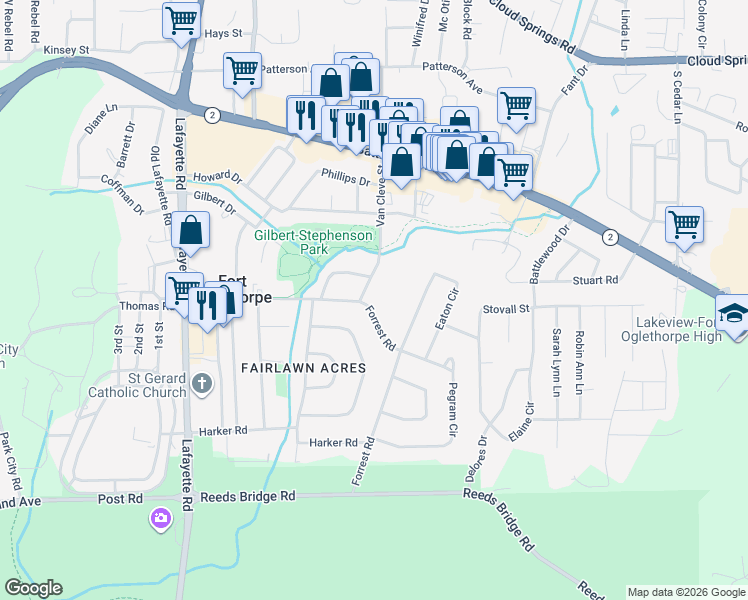 map of restaurants, bars, coffee shops, grocery stores, and more near 401 Forrest Road in Fort Oglethorpe