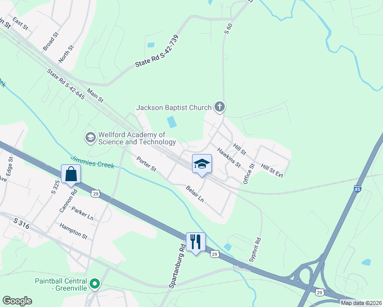 map of restaurants, bars, coffee shops, grocery stores, and more near 210 Church Street in Wellford