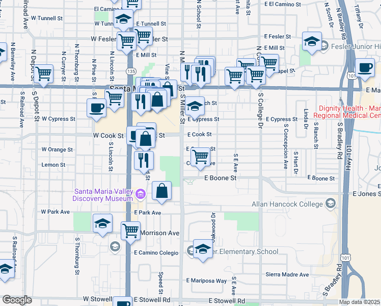map of restaurants, bars, coffee shops, grocery stores, and more near 420 East Orange Street in Santa Maria
