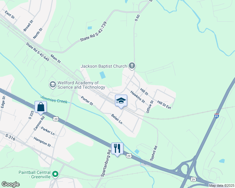 map of restaurants, bars, coffee shops, grocery stores, and more near 216 Church Street in Wellford