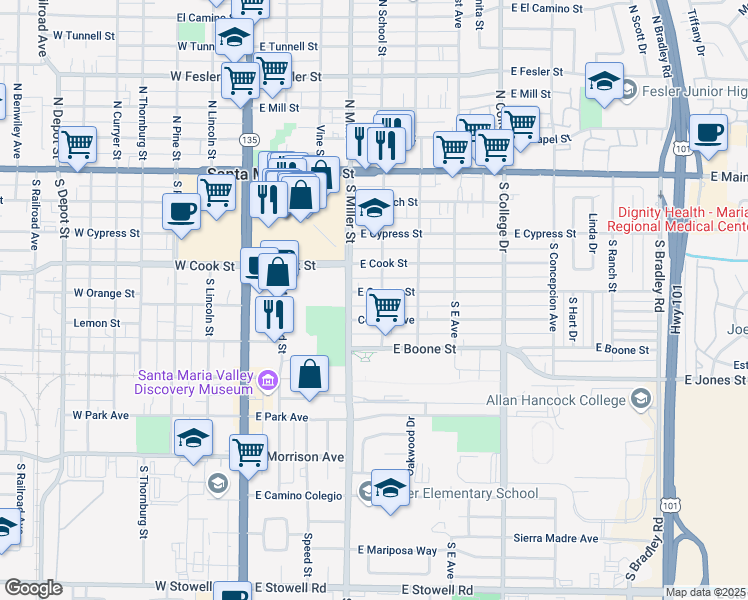 map of restaurants, bars, coffee shops, grocery stores, and more near 420 East Orange Street in Santa Maria