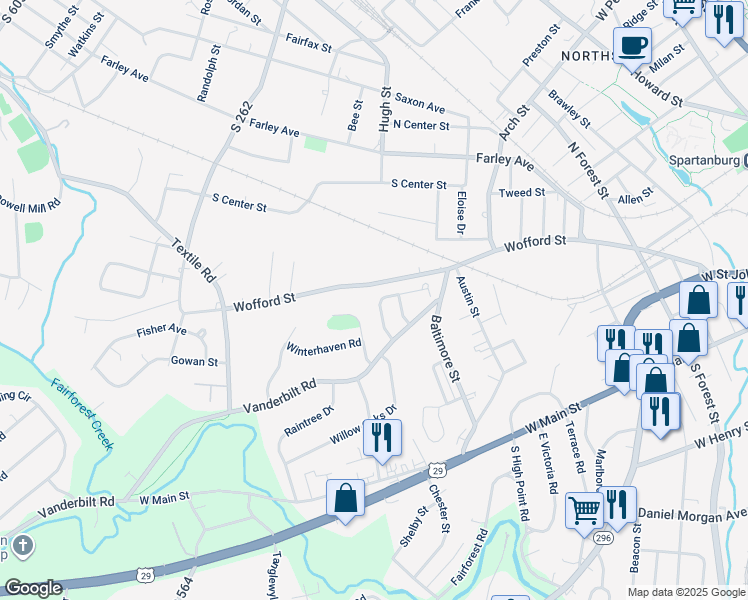 map of restaurants, bars, coffee shops, grocery stores, and more near 437 Alma Byrd Lane in Spartanburg