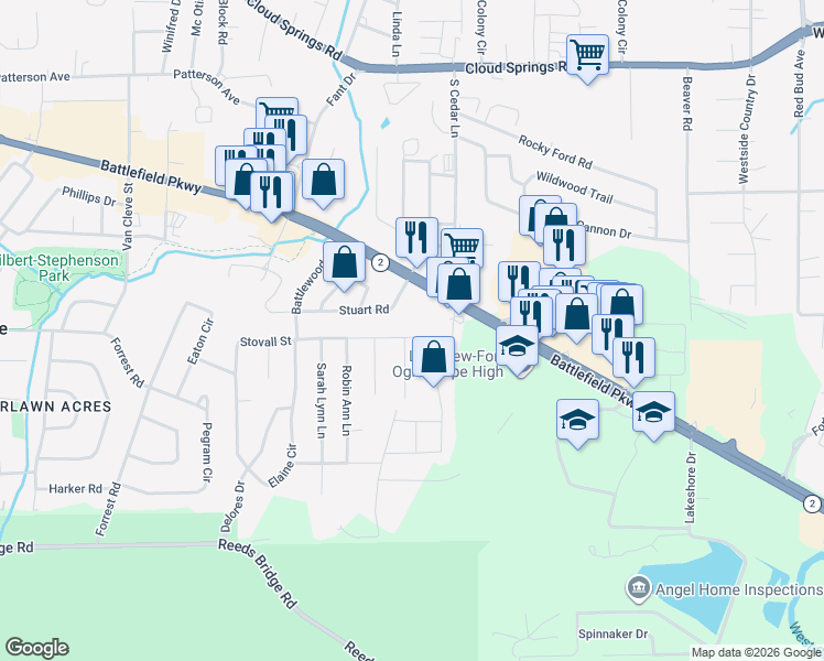 map of restaurants, bars, coffee shops, grocery stores, and more near 70 Stovall Street in Fort Oglethorpe
