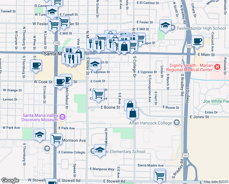 map of restaurants, bars, coffee shops, grocery stores, and more near 616 East Orange Street in Santa Maria